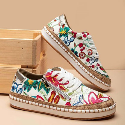 Flora | Women's Floral Embroidered Lace-Up Sneakers with Zip