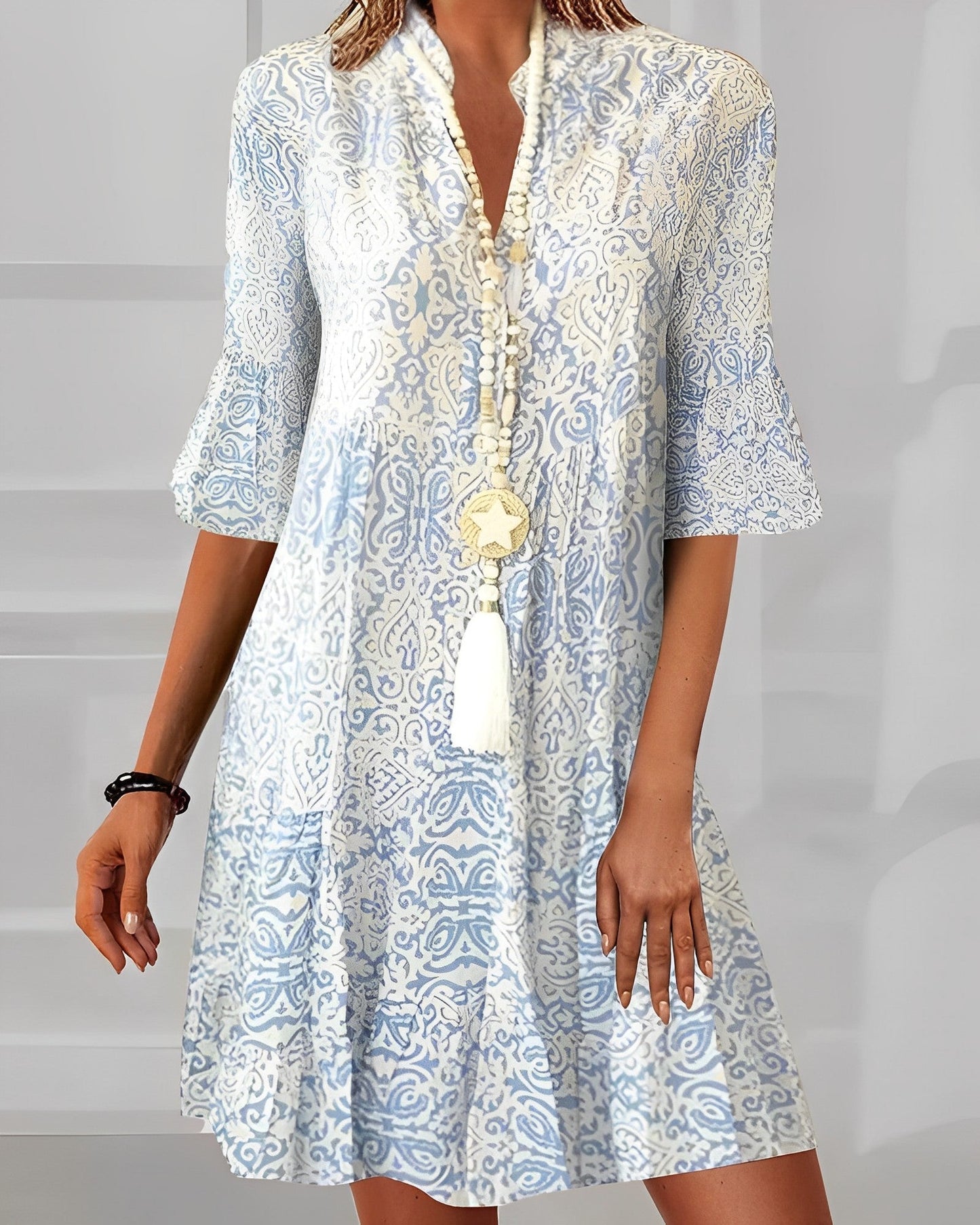 Natalie | Women's Boho V-Neck 3/4 Sleeve Printed Swing Dress