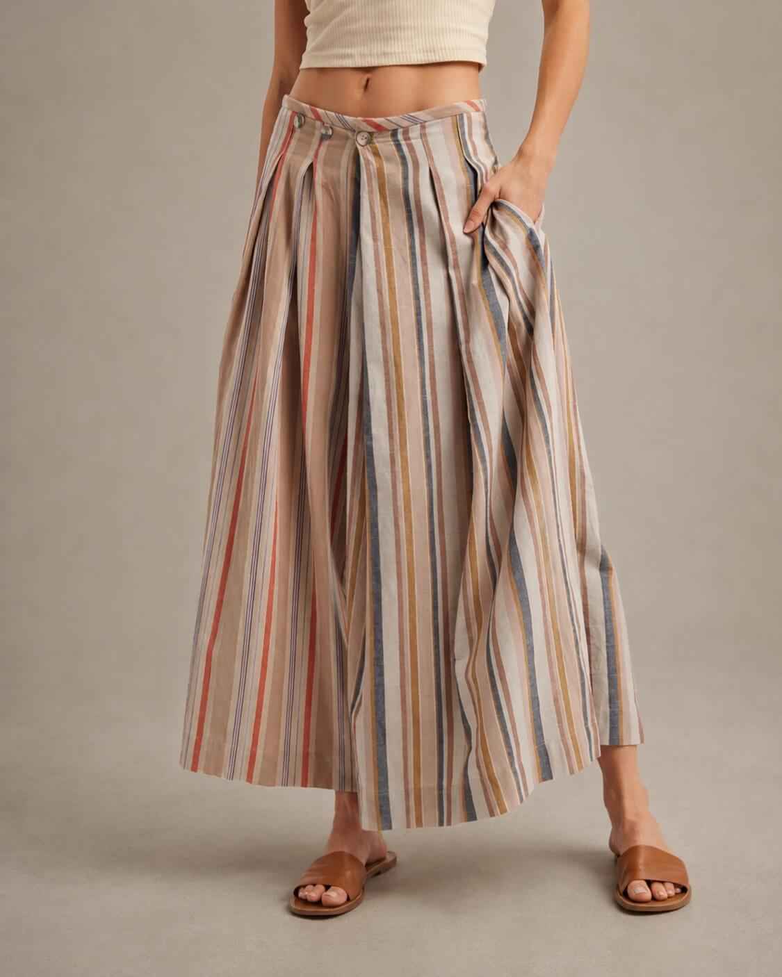 Multi-Stripe Pleated Front Wide-Leg Pants