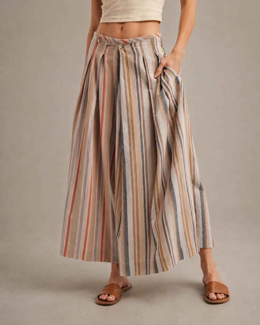 Multi-Stripe Pleated Front Wide-Leg Pants