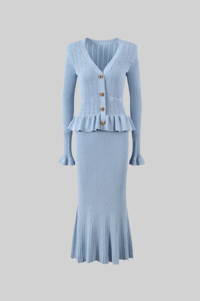 RIDEN RUFFLED JACKET & FLARED SKIRT KNIT MATCHING SET BLUE