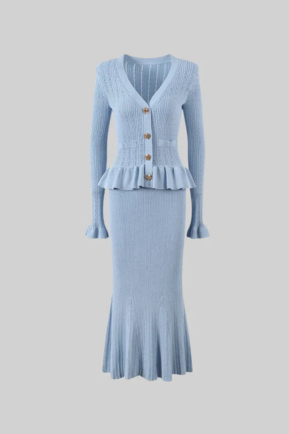 RIDEN RUFFLED JACKET & FLARED SKIRT KNIT MATCHING SET BLUE