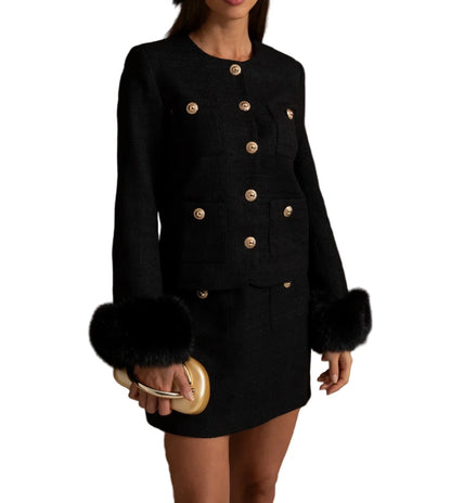 CATALINA Tweed Fur Bodycon Set BLACK