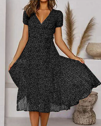 Vivienne | Women's V-Neck Short Sleeve Midi Dress with Print