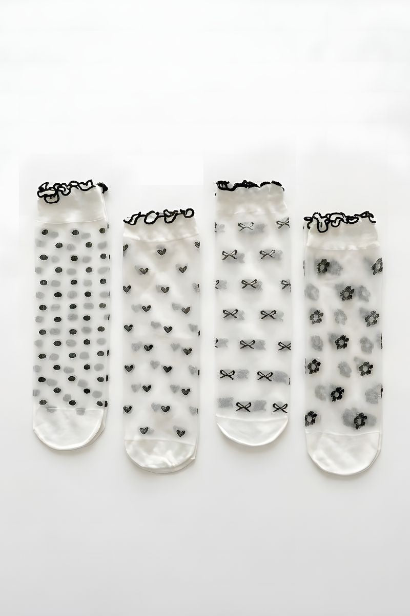 4-Pack, Geo Print Ruffle Edge Sheer Socks