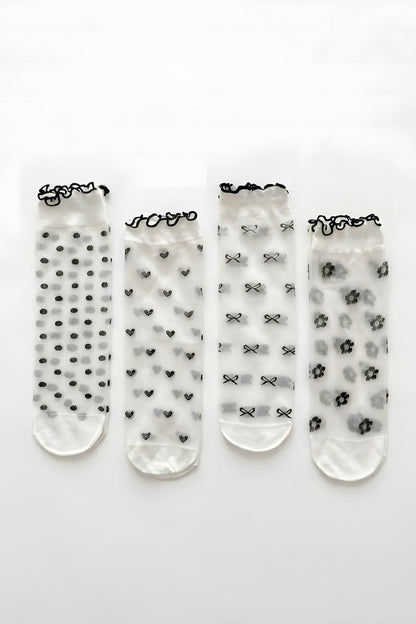 4-Pack, Geo Print Ruffle Edge Sheer Socks
