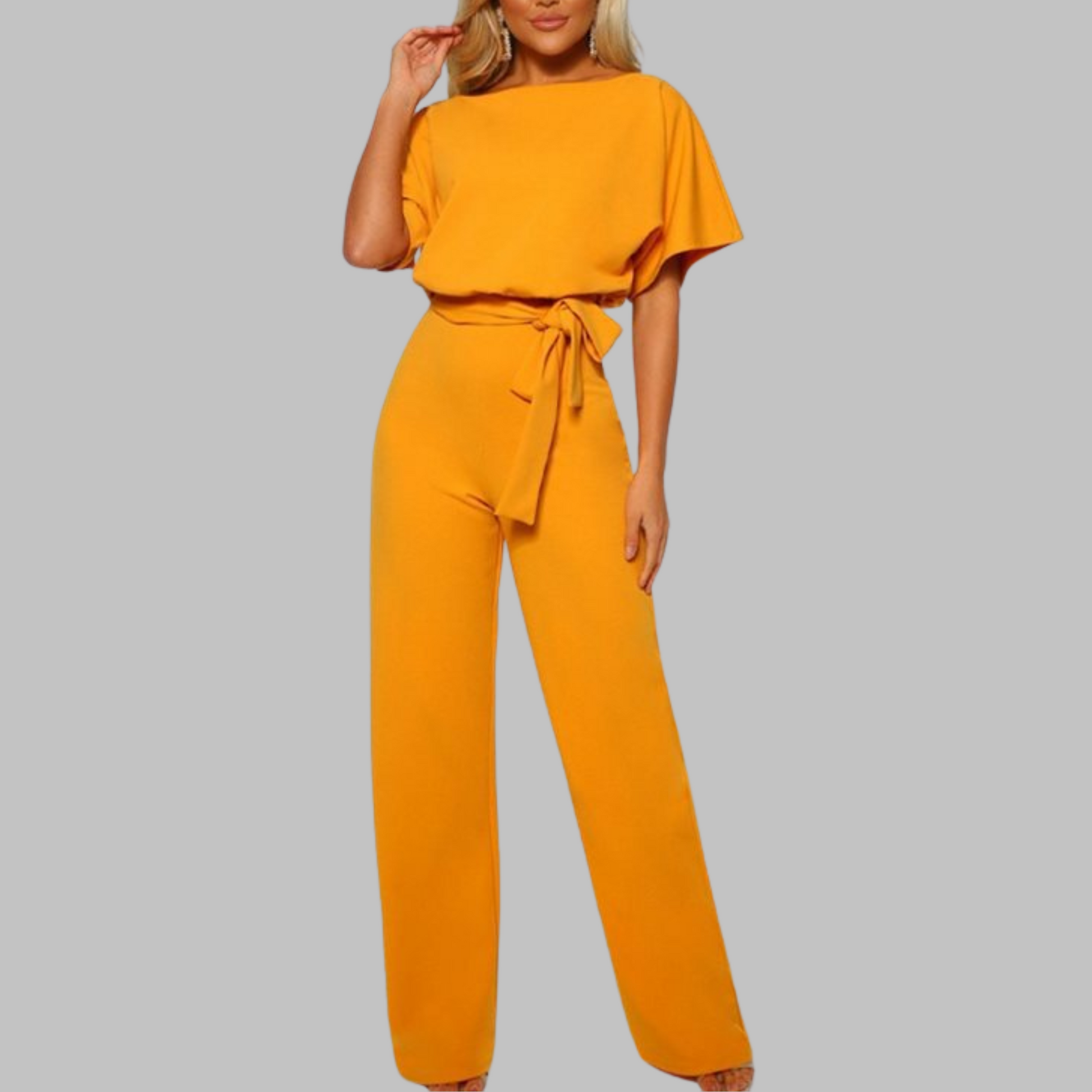 Sunny | Women's Belted Wide Leg Jumpsuit Batwing Sleeve Crewneck