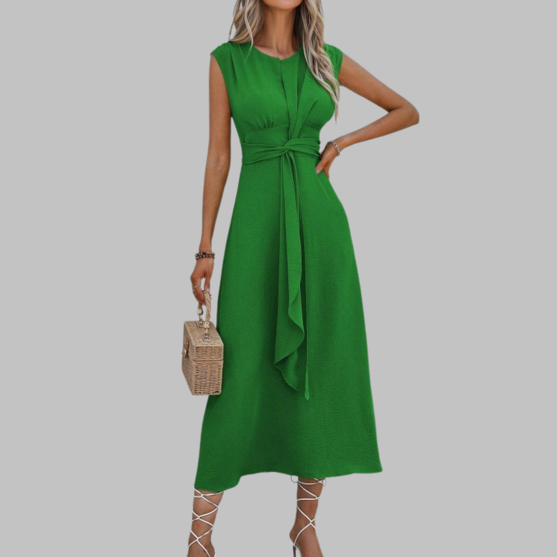 Celeste | Women's Belted Midi Dress Sleeveless Round Neck A-Line