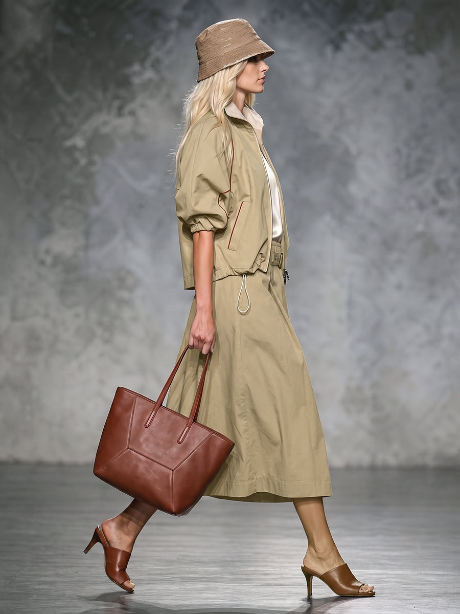 Zipper Drawstring Contrast Color Loose Half Sleeves Lapel Outerwear