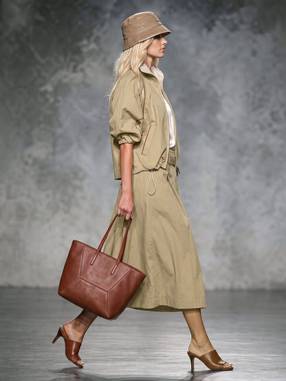 Zipper Drawstring Contrast Color Loose Half Sleeves Lapel Outerwear
