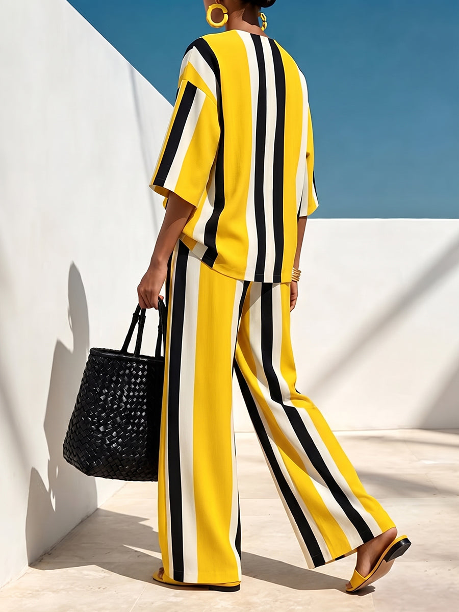 Striped Pockets Elasticity Contrast Color Wide Leg Loose Trousers Pants