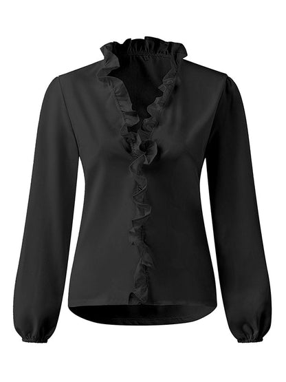 Puffärmel Falbala Einfarbige Blusen mit V-Ausschnitt 