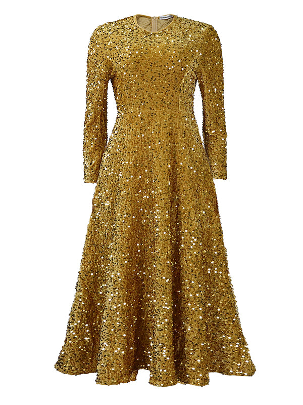 Robe longue trapèze taille haute à paillettes, fermeture éclair fendue et col rond 