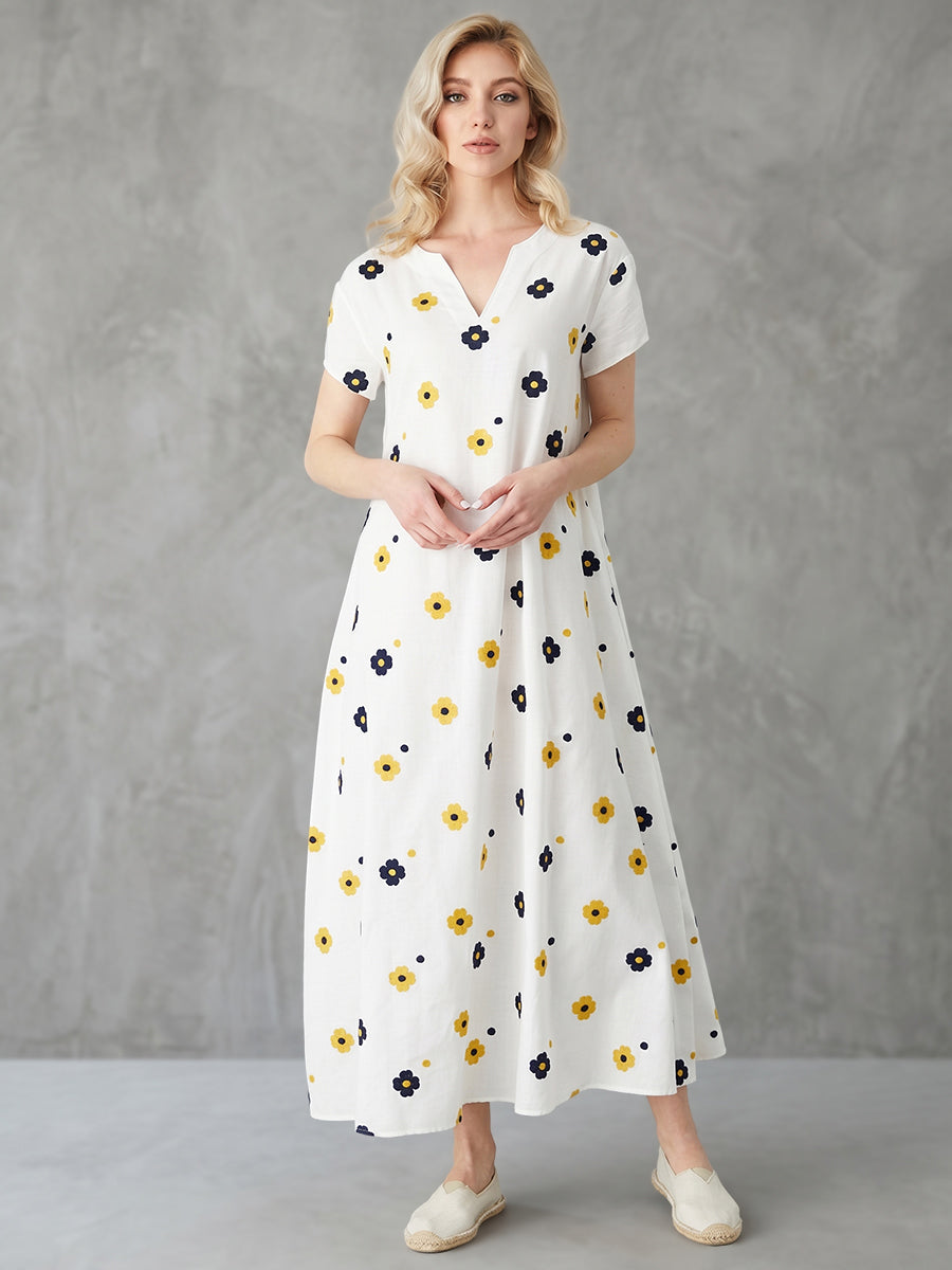 A-Line Loose Contrast Color Floral Printed V-Neck Maxi Dresses