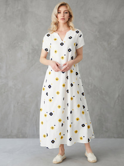 A-Line Loose Contrast Color Floral Printed V-Neck Maxi Dresses