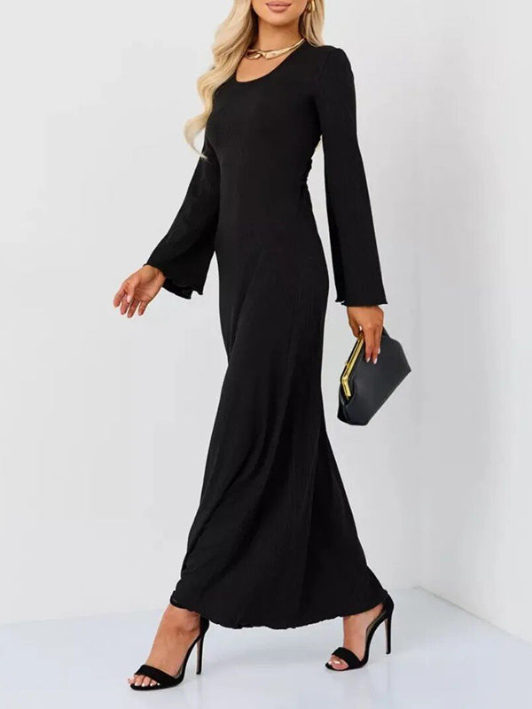 Long Sleeves Pleated Ruffled Solid Color Split-Joint Round-Neck Maxi Dresses
