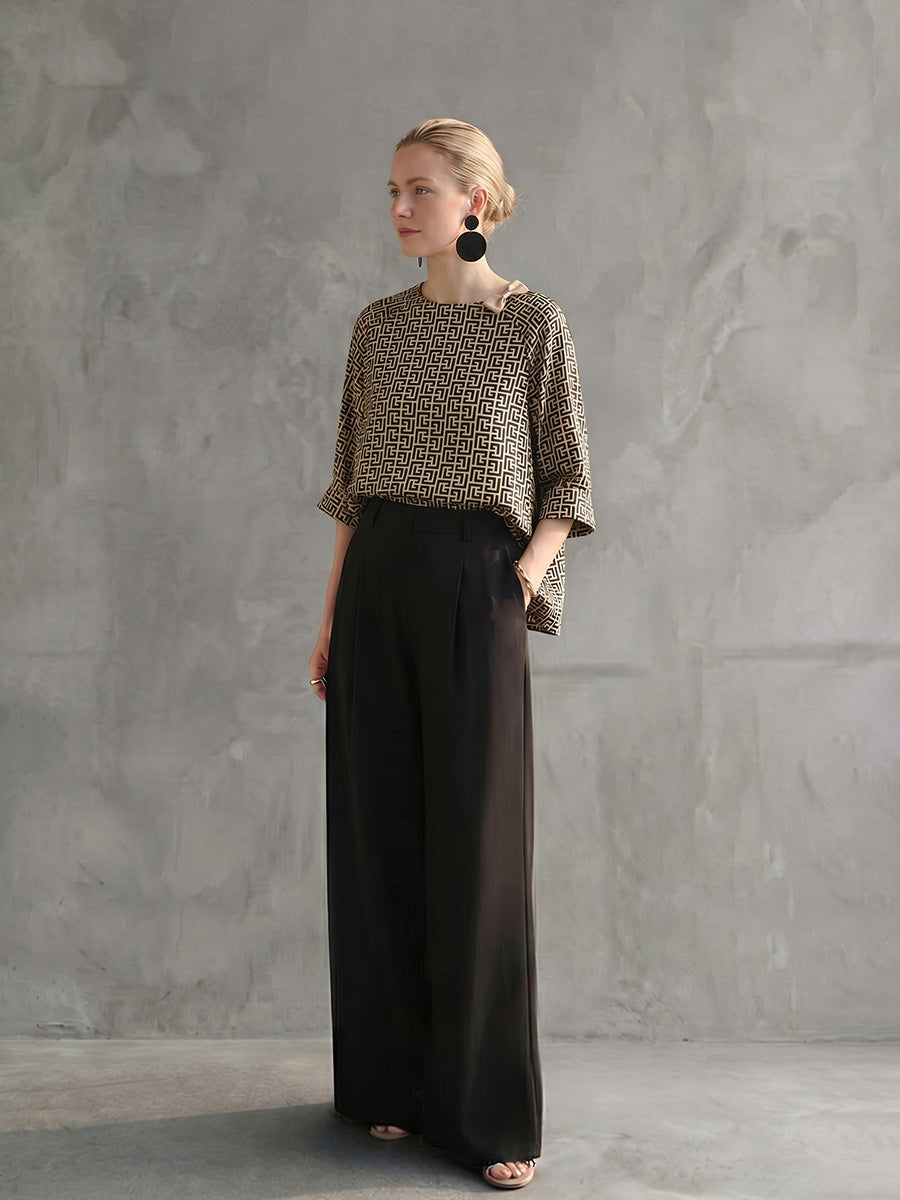Long Sleeves Contrast Color Printed Round-Neck Blouses&Shirts Tops