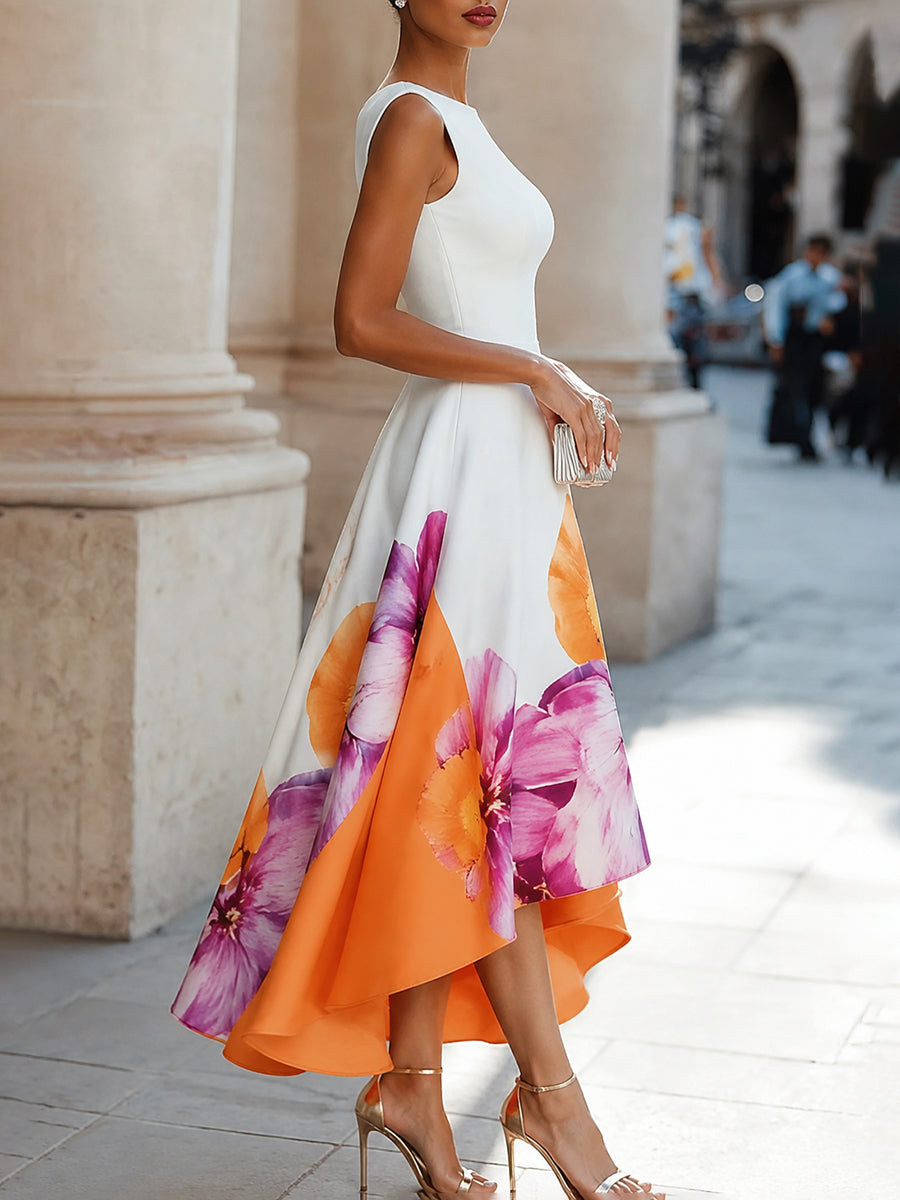 A-Line High-Low Contrast Color Flower Print Pleated Zipper Round-Neck Midi Dresses