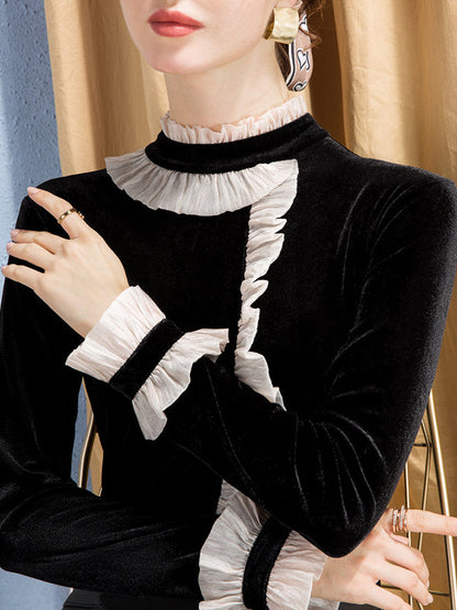 Long Sleeves Ruffle Sleeves Asymmetric Contrast Color Split-Joint Half Turtleneck T-Shirts Tops