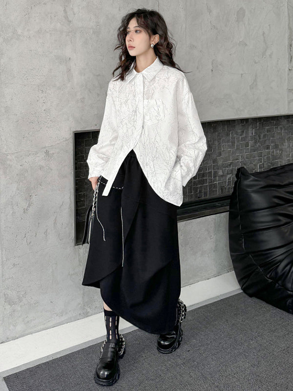 Irregularity Long Sleeves Abstract Printed Asymmetric Buttoned Wrinkled Lapel Blouses&Shirts Tops