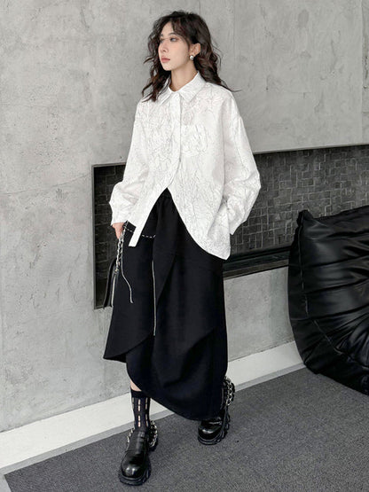 Irregularity Long Sleeves Abstract Printed Asymmetric Buttoned Wrinkled Lapel Blouses&Shirts Tops