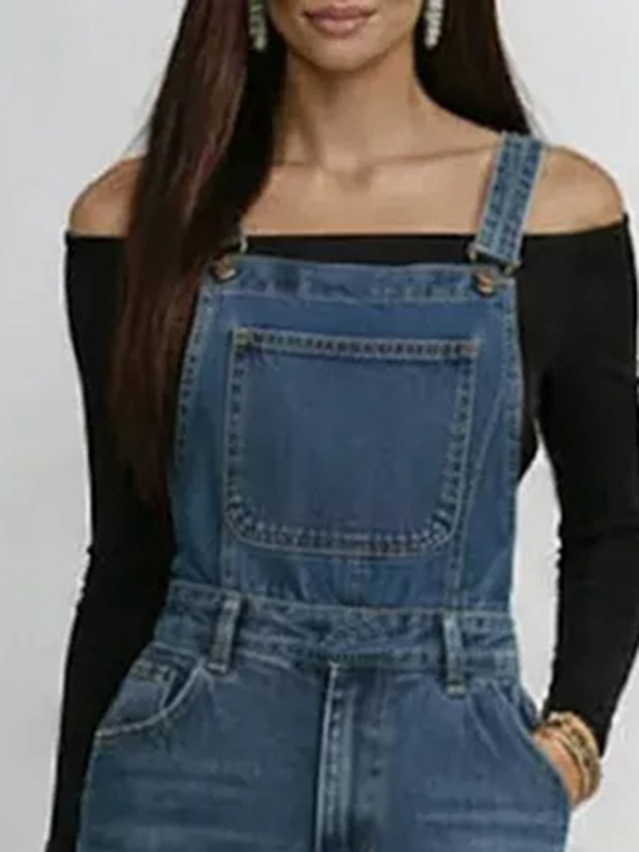 High Waisted Loose Buckle Hollow Pockets Solid Color Split-Joint Adjustable Straps Overalls