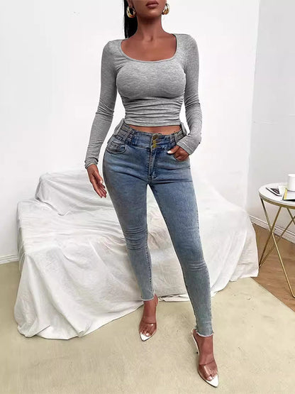 Long Sleeves Skinny Comfort Ribbed Solid Color Round-Neck T-Shirts Tops