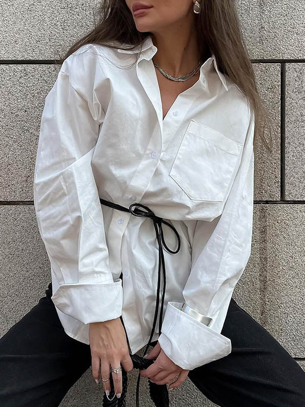 Long Sleeves Loose Buttoned Pockets Solid Color Lapel Blouses&Shirts Tops