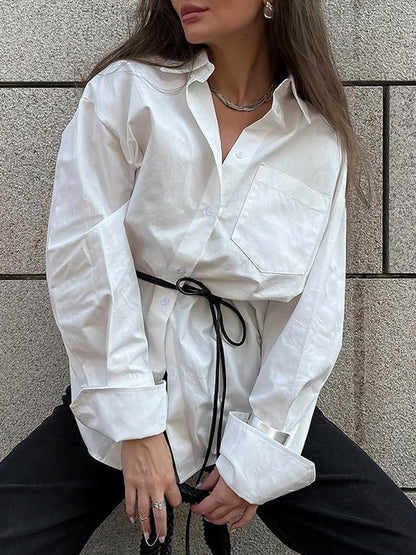 Long Sleeves Loose Buttoned Pockets Solid Color Lapel Blouses&Shirts Tops