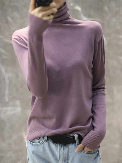 Solid Color Heaps Collar Long Sleeve Knitwear Tops