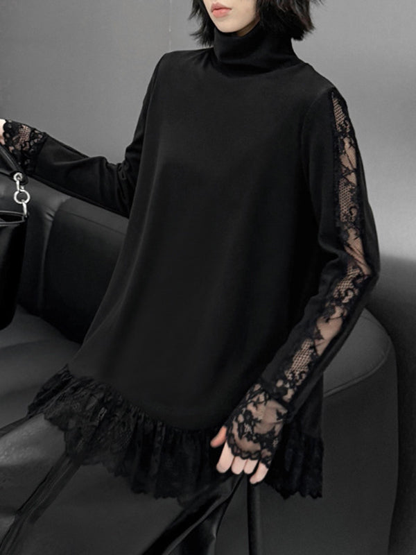 Hipster Long Sleeves See-Through Split-Joint High Neck T-Shirts Tops