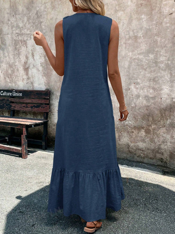 A-Line Loose Pleated Ruffle Trim Solid Color V-Neck Maxi Dresses