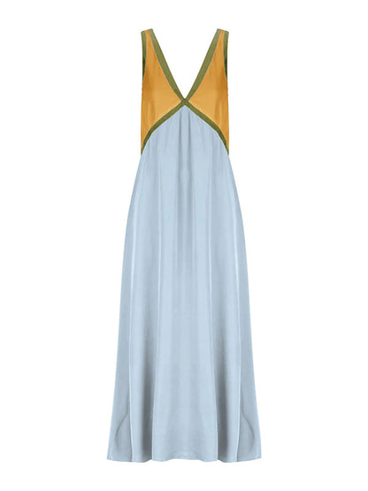 Loose Sleeveless Contrast Color Split-Joint Deep V-Neck Maxi Dresses