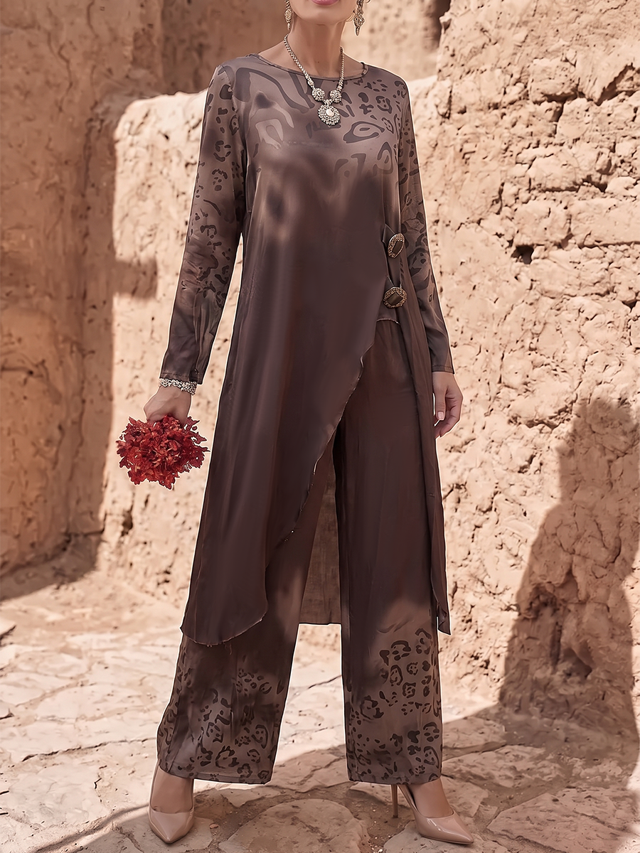 Contrast Color Leopard Printed Split-Joint Round-neck High-low Asymmetric Buttoned Blouses&shirts Tops + High Waisted Pants Trousers Two Pieces Set
