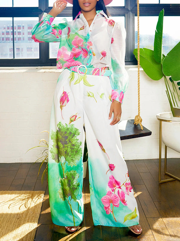 High Waisted Straight Leg Asymmetric Floral Printed Split-Joint Pants Trousers