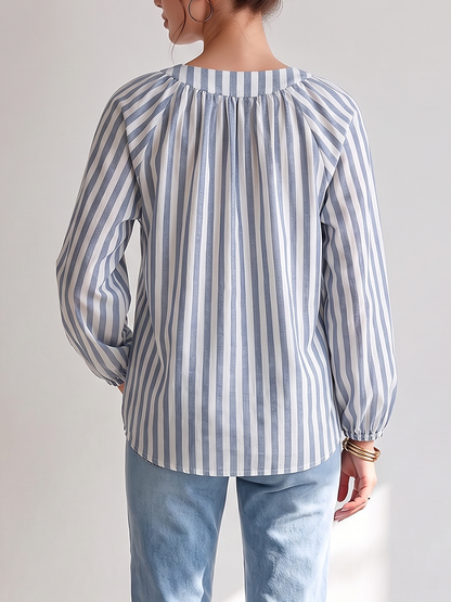 Striped Hollow Drawstring Contrast Color Puff Sleeves Loose V-neck Blouses&shirts Tops