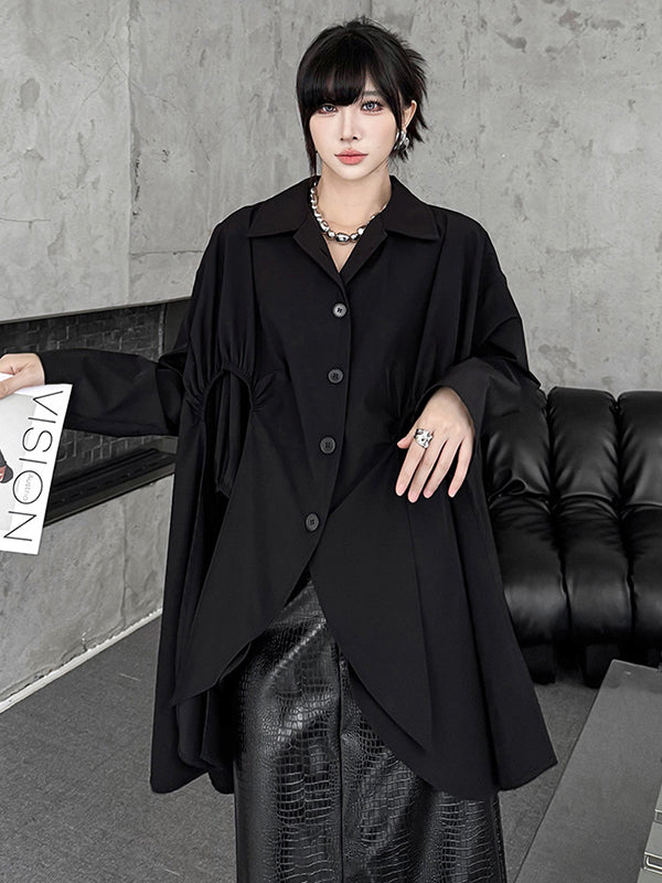 High-Low Irregularity Buttoned Pleated Solid Color Split-Joint Shirt Collar Blouses&Shirts Tops