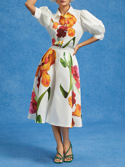 Loose Puff Sleeves Floral Printed Pleated Split-Joint Lapel Blouses&Shirts Tops