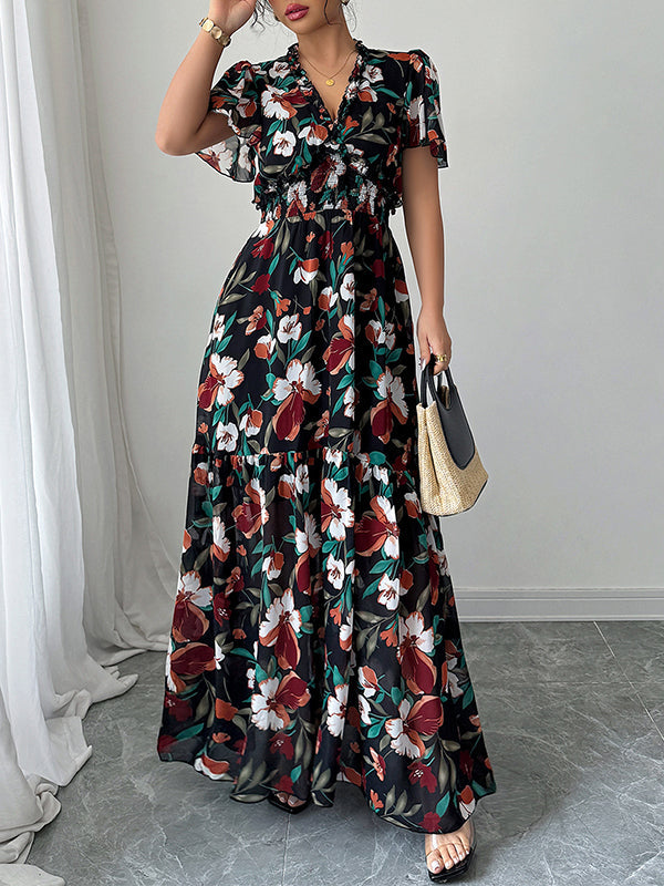 A-Line Loose Contrast Color Elasticity Flower Print Pleated V-Neck Maxi Dresses
