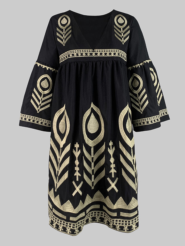 Flared Sleeves Loose Embroidered Split-Joint Deep V-Neck Mini Dresses