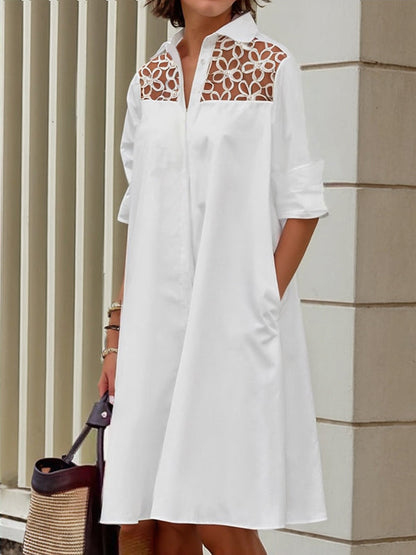 Long Sleeves Loose Gauze See-Through Solid Color Split-Joint Lapel Midi Dresses Shirt Dress