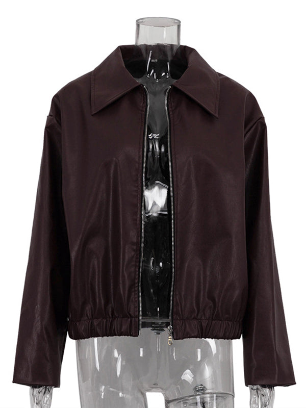 Vestes à manches longues, amples, élastiques, couleur unie, fermeture éclair, revers, vêtements d'extérieur 