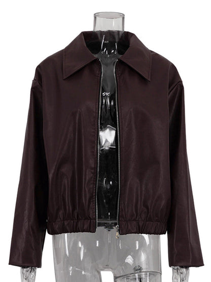 Vestes à manches longues, amples, élastiques, couleur unie, fermeture éclair, revers, vêtements d'extérieur 