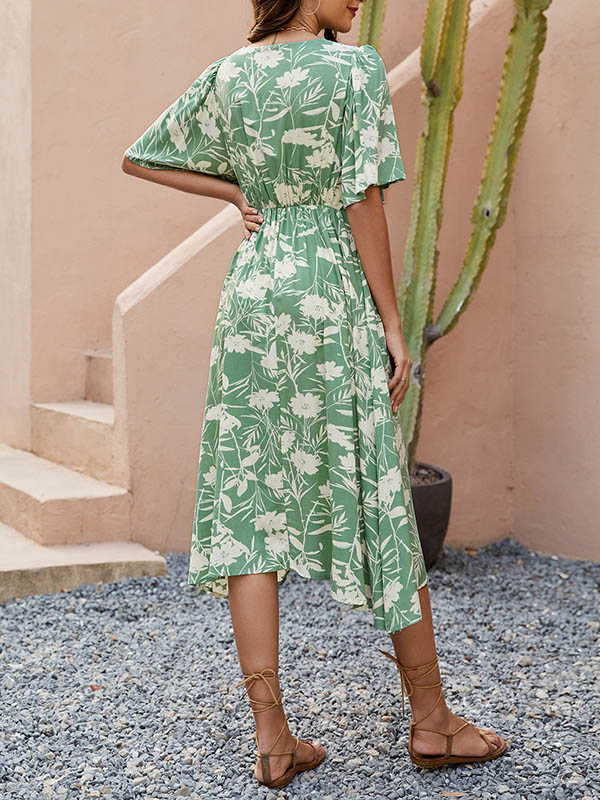 A-Line Half Sleeves Buttoned Contrast Color Pleated V-Neck Midi Dresses