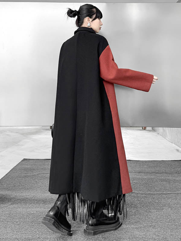 Irregularity Long Sleeves Buttoned Contrast Color Double-Breasted Split-Joint Tasseled Notched Collar Outerwear Overcoat