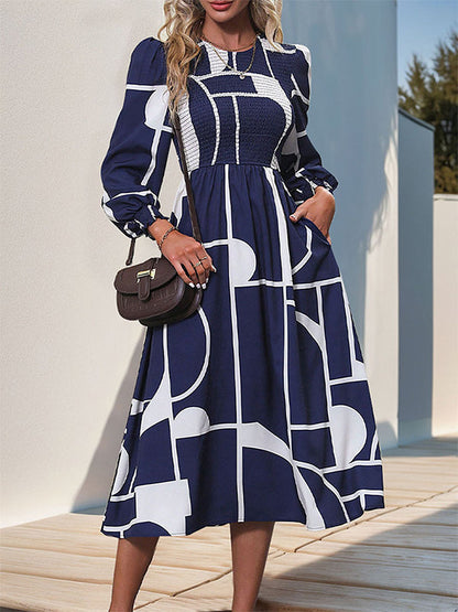 A-Line High Waisted Elasticity Printed Split-Joint Round-Neck Midi Dresses