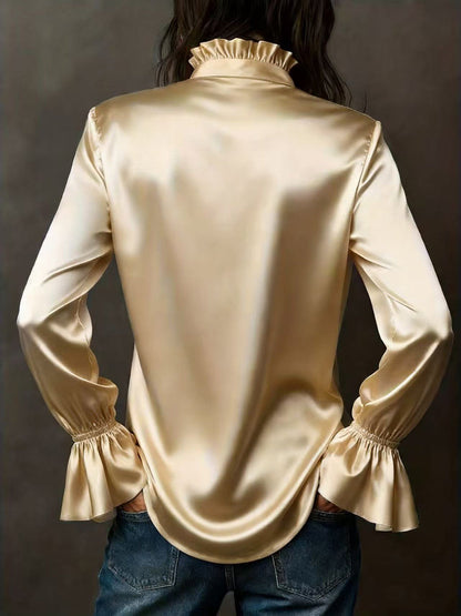 Flared Sleeves Long Sleeves Buttoned Elasticity Solid Color Lapel Blouses&Shirts Tops