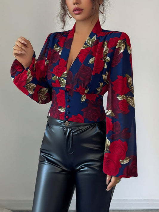 Long Sleeves Puff Sleeves Buttoned Flower Print Deep V-Neck Blouses&Shirts Tops