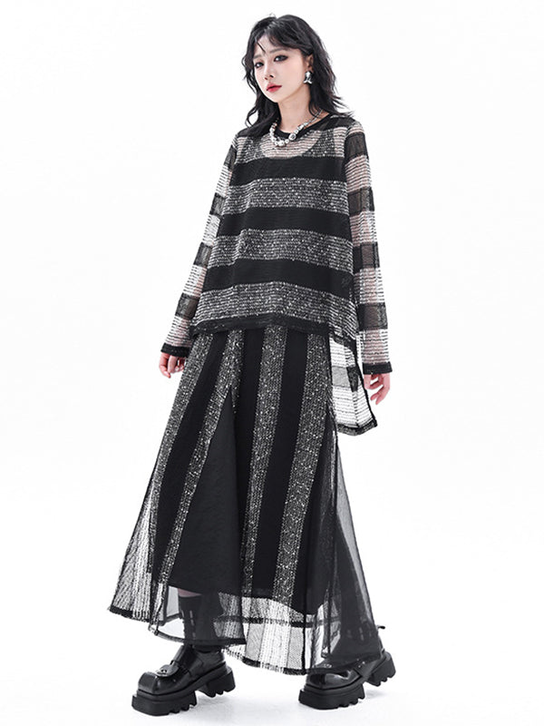 Striped Contrasting Color Elastic Round-Neck  Long-Sleeved See-Through Blouses&Shirts Tops+ Skirt Bottom Two Pieces Set