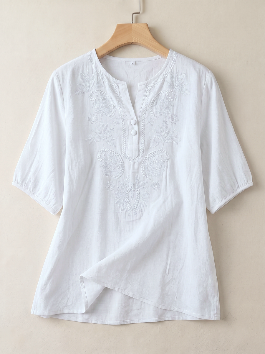 Solid Color Embroidered Buttoned Loose Half Sleeves Round-neck Blouses&shirts Tops